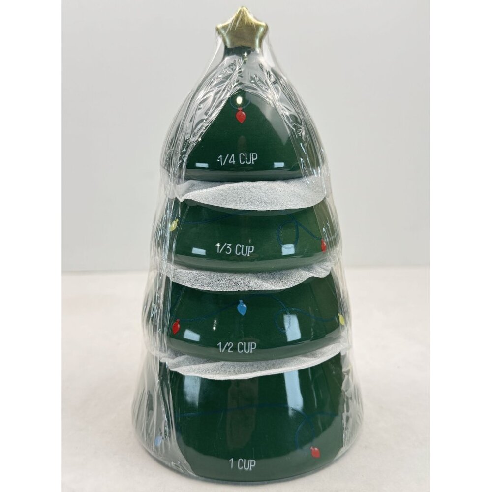 Stackable Ceramic Christmas Tree Measuring Cups 1/4 To 1 Cup Green Holiday NEW